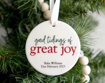 Pregnancy Announcement Christmas Ornament | Good Tidings of Great Joy Baby On the Way Ceramic Ornament | Expecting Parents Grandparents
