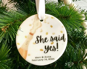 She Said Yes Engagement Christmas Ornament | Champagne Confetti Engagement Ornament | Engagement Gift | Couple's Proposal Christmas Ornament