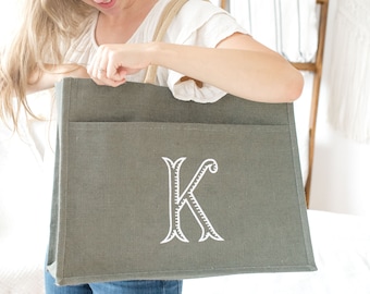 Monogrammed Burlap Tote with Pocket – Personalized Embroidered Jute Beach Bag