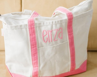 Personalized Canvas Boat Tote Bag with Zipper: Embroidered Canvas Beach Zip Top Tote