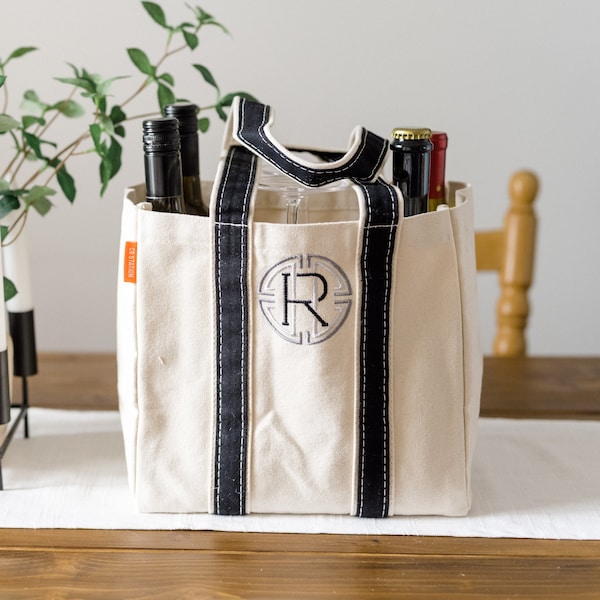 Four 4 Bottle Canvas Wine Tote with Embroidered Monogram | Canvas Wine Carrier Removable Divider | Gift for Wine Lovers Stock the Bar Party