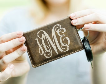 Laser Engraved Wallet ID Key Chain Key Fob - Monogrammed - Faux Leather - Vegan Leather