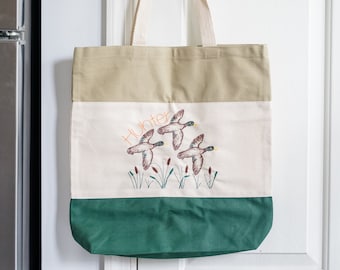Personalized Kids Canvas Tote Bag: Duck Hunting Design, Embroidered Name