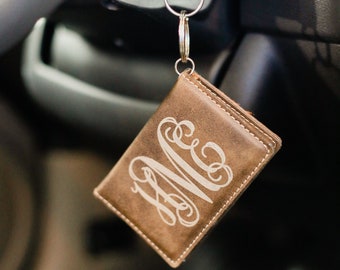 Monogrammed Wallet Key Chain: Faux Leather ID Holder, Laser Engraved