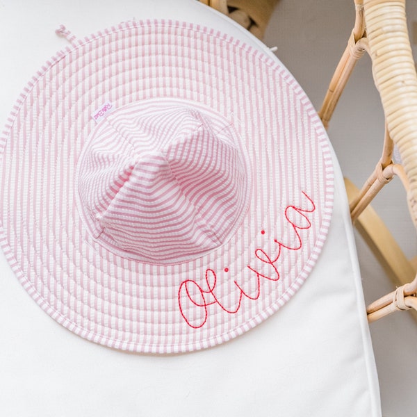 Embroidered Swim Hat with Name | Kids Sun Hat | Baby Swim Hat | Pink Stripe Seersucker Pool Hat | Wide Brimmed Floppy Beach Hat Personalized