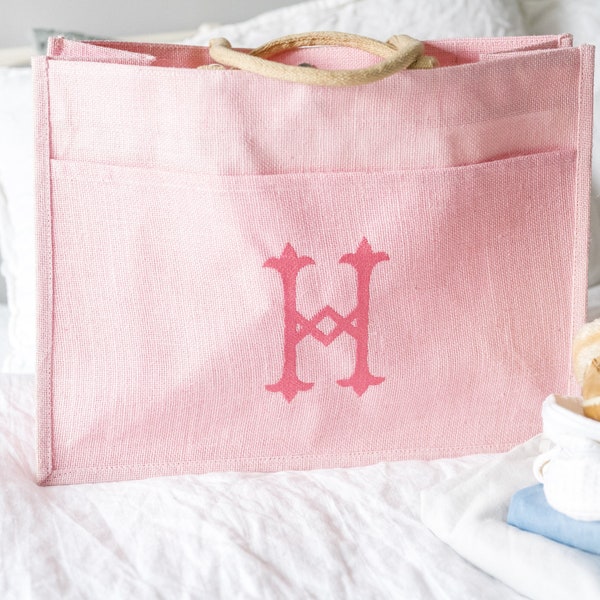 Monogram Burlap Jute Pocket Tote - Light Pink | Personalized Tote | Beach Tote | Pool Tote | Bridesmaid Gift | Gift for Her