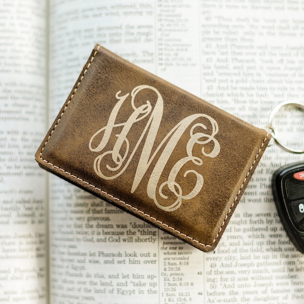 Laser Engraved Wallet ID Key Chain Key Fob - Monogrammed - Faux Leather - Vegan Leather