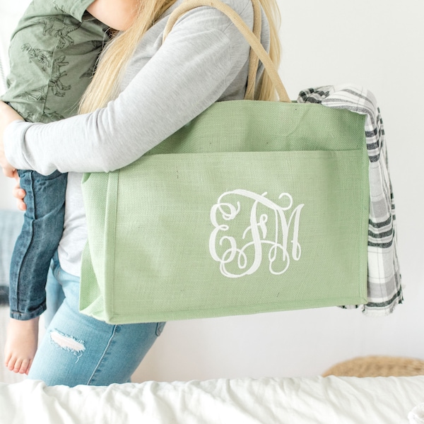 Monogram Burlap Jute Pocket Tote - Seafoam | Personalized Tote | Beach Bag | Pool Tote | Bridesmaid Gift | Gift for Her