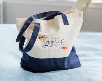 Embroidered Planes and Name Kids Personalized Tote Bag - Eco-Friendly Carryall