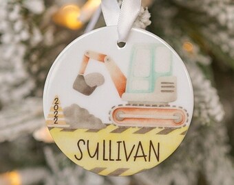 Watercolor Construction Trucks Christmas Ornament | Ceramic Porcelain Ornament | Personalized Name Ornament | Nursery Christmas Ornament