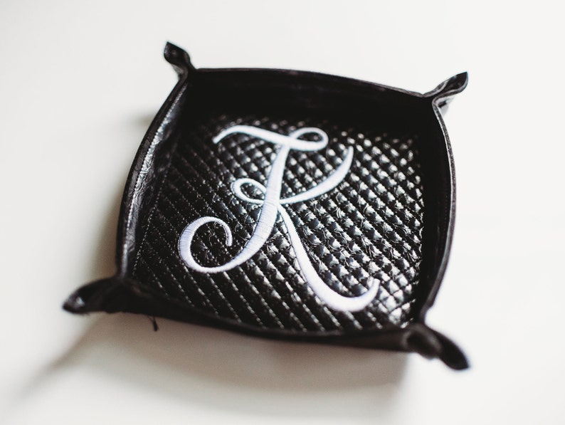 Embroidered Faux Crocodile Leather Jewelry Snap Tray Monogram Travel Jewelry Dish Personalized Valet Catchall Snap Tray