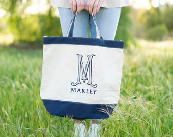 Personalized Canvas Tote Bag - Blue | Bridesmaid Tote Bag | Teacher Tote Bag | School Tote Bag | Embroidered Tote Bag