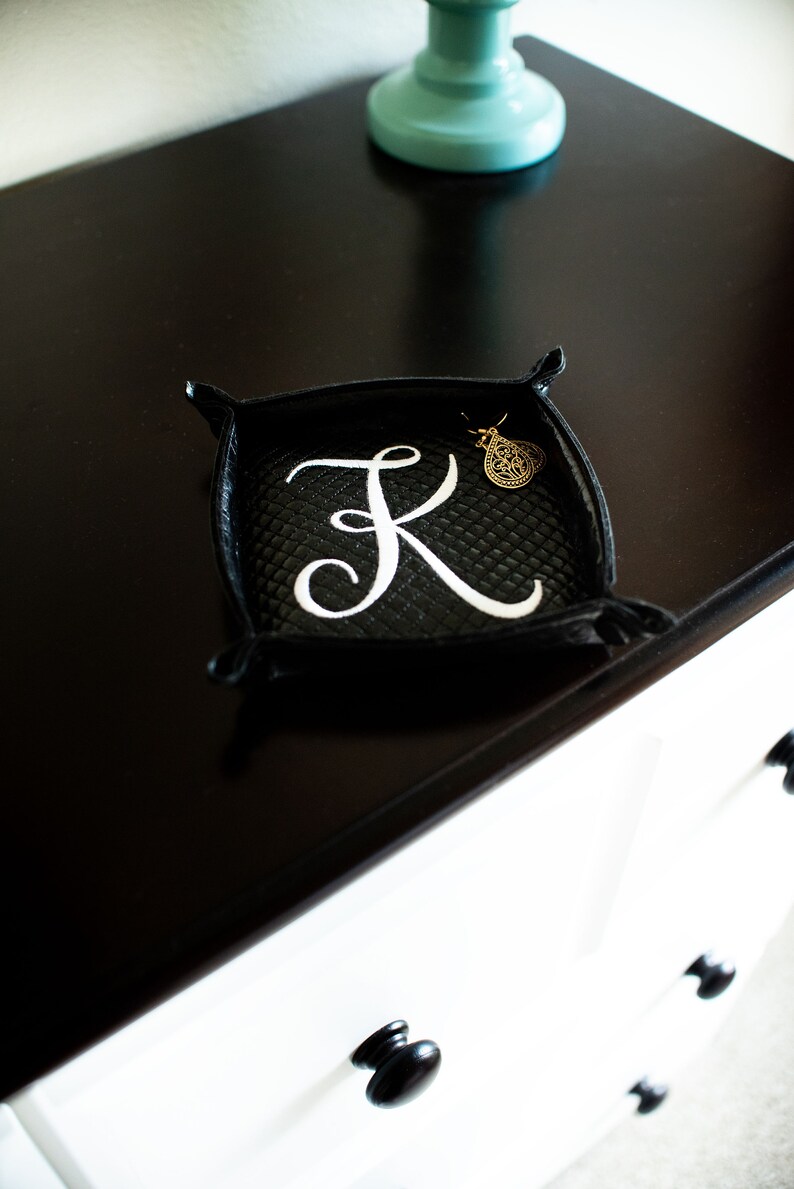Embroidered Faux Crocodile Leather Jewelry Snap Tray Monogram Travel Jewelry Dish Personalized Valet Catchall Snap Tray