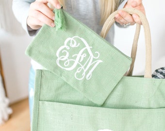 Monogram Burlap Jute Cosmetic Bag - Seafoam | Personalized Clutch | Make Up Bag | Bridesmaid Gift | Gift for Her