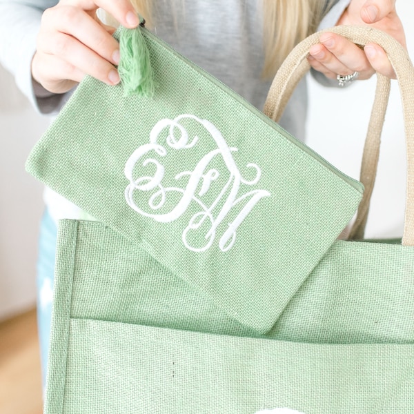Monogram Burlap Jute Cosmetic Bag - Seafoam | Personalized Clutch | Make Up Bag | Bridesmaid Gift | Gift for Her