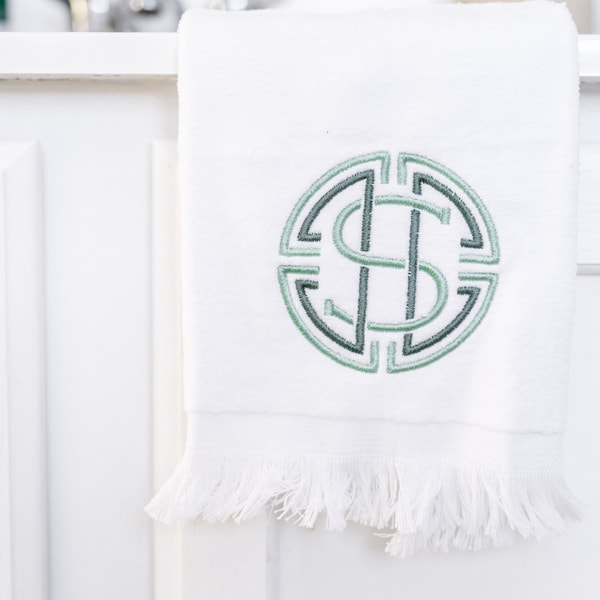 Hand Towel with Fringe Embroidered Single Initial Monogram | Monogrammed Tea Towel for Bathroom | Personalized Towel | Housewarming Gift