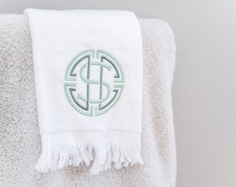 Embroidered Fringe Hand Towel - Single Initial Monogram | Monogrammed Tea Towel for Bathroom | Personalized Towel | Gift for New Homeowner