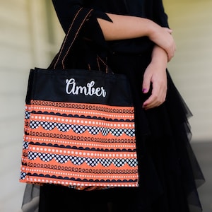 Halloween Trick-or-Treat Tote | Black, Orange & White Stripes | Embroidered Halloween Tote | Candy Bag | Personalized Tote | Bucket Tote