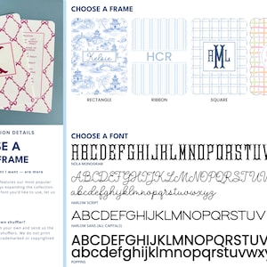 K&ouml;nnte beinhalten: Bild mit Personalisierungsoptionen f&uuml;r ein Produkt. Es zeigt Rahmenstile wie Rechteck, Band, Quadrat und Kreis sowie Schriftarten wie Nola Monogram, Harlow Script, Harlow Sans und Poppins. Das Produkt ist wei&szlig; mit einem rosa Schleifenmuster und dem Buchstaben "K".