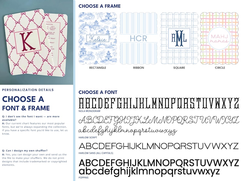 K&ouml;nnte beinhalten: Bild mit Personalisierungsoptionen f&uuml;r ein Produkt. Es zeigt Rahmenstile wie Rechteck, Band, Quadrat und Kreis sowie Schriftarten wie Nola Monogram, Harlow Script, Harlow Sans und Poppins. Das Produkt ist wei&szlig; mit einem rosa Schleifenmuster und dem Buchstaben "K".