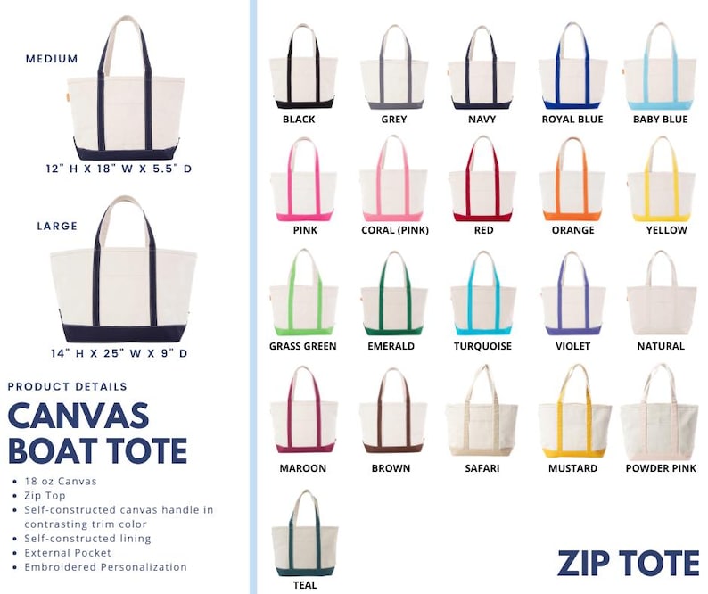 May include: A canvas boat tote with a zip top, external pocket, and self-constructed handles. Available in two sizes: medium at 12 inches high by 18 inches wide by 5.5 inches deep, and large at 14 inches high by 25 inches wide by 9 inches deep.