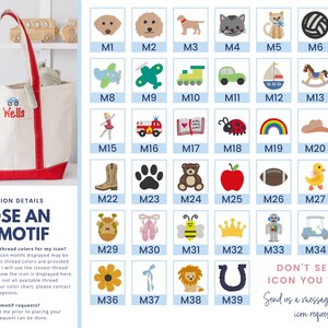May include: A white canvas tote bag with red trim and handles, featuring the embroidered name Wells and a blue monster truck icon. Beside it is a grid of 39 numbered embroidery motifs including animals, vehicles, and shapes for personalization.