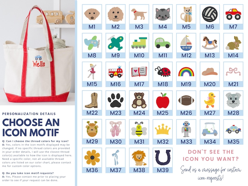 May include: A white canvas tote bag with red trim and handles, featuring the embroidered name Wells and a blue monster truck icon. Beside it is a grid of 39 numbered embroidery motifs including animals, vehicles, and shapes for personalization.