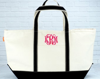Monogram Canvas Zip Close Tote Bag – Large | Personalized Boat Bag | Beach Bag | Pool Tote | Bridesmaid Gift | Teacher Tote