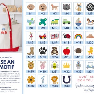 May include: A white canvas tote bag with red trim and handles, featuring the embroidered name Wells and a blue monster truck icon. Beside it is a grid of 39 numbered embroidery motifs including animals, vehicles, and shapes for personalization.