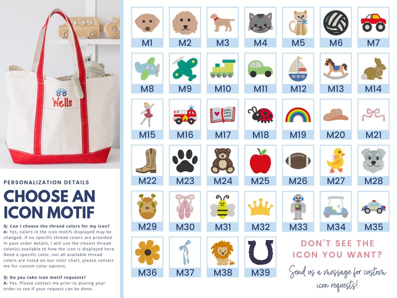 May include: A white canvas tote bag with red trim and handles, featuring the embroidered name Wells and a blue monster truck icon. Beside it is a grid of 39 numbered embroidery motifs including animals, vehicles, and shapes for personalization.