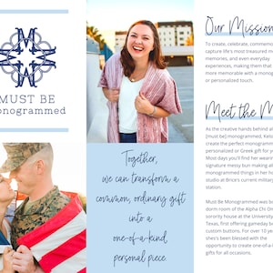 May include: A promotional graphic for Must Be Monogrammed featuring a dark blue logo, text detailing the mission and maker, and two photographs. One photo shows a smiling individual in a pink textured wrap, and the other shows a couple with a flag.