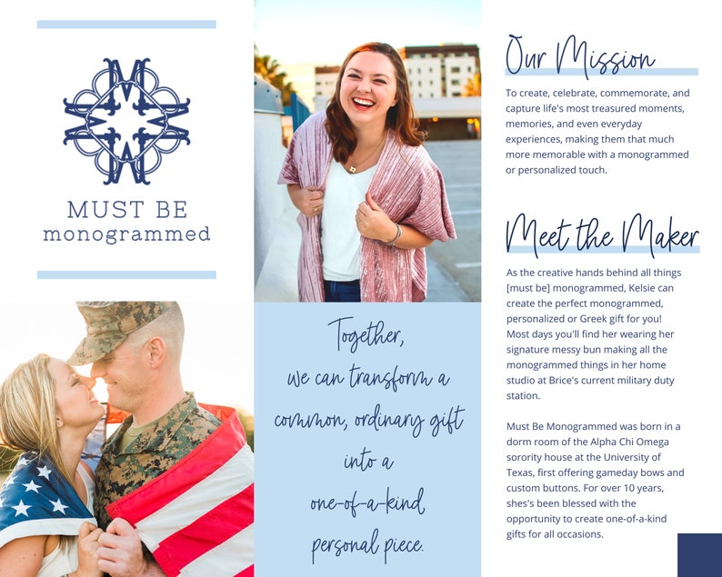 May include: A promotional graphic for Must Be Monogrammed featuring a dark blue logo, text detailing the mission and maker, and two photographs. One photo shows a smiling individual in a pink textured wrap, and the other shows a couple with a flag.