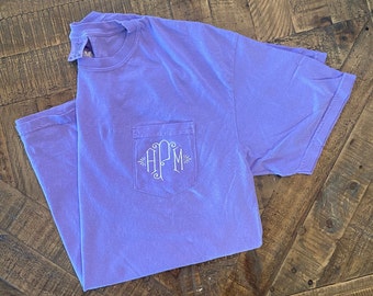 Monogrammed Comfort Colors Pocket T-Shirt | Embroidered Monogram Pocket Tee