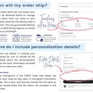 May include: An informational graphic with two sections. The top section titled When will my order ship? shows a timeline with dates and icons. The bottom section titled Where do I include personalization details? displays a text box for input.