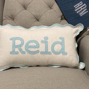 Monogrammed Scallop Wave Pillow Cover | Appliqué Embroidered Throw Pillow | Gift for Baby, Nursery Decor | 12&quot;x20&quot;, 18&quot; Insert Not Included