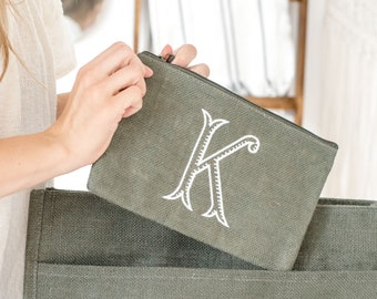 Monogram Burlap Jute Cosmetic Bag - Olive | Personalized Clutch | Make Up Bag | Bridesmaid Gift | Gift for Her