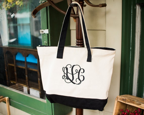 Personalized Initial Canvas Tote Bag, Monogrammed Beach Bag for
