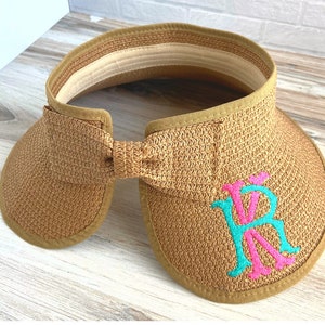 Wide Brim Floppy Roll Up Beach Straw Sun Hat Embroidered Monogram with Bow Detail | Beach Sun Hat | Sun Visor | Wide Brim Floppy Pool Hat