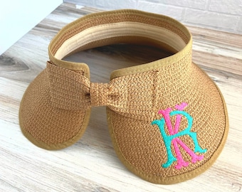 Wide Brim Floppy Roll Up Beach Straw Sun Hat Embroidered Monogram with Bow Detail | Beach Sun Hat | Sun Visor | Wide Brim Floppy Pool Hat