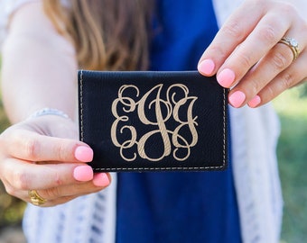 Monogrammed Key Chain Wallet Key Fob | | Faux Leather | Vegan Leatherette | Laser Engraved Wallet ID on Keychain | Black and Gold Wallet