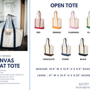 May include: A canvas boat tote with an open top, external pocket, and embroidered personalization. Available in red, orange, flamingo, clover, chocolate, storm, and black trim. Medium measures 18.5 inches wide by 12.5 inches high by 5.5 inches deep.