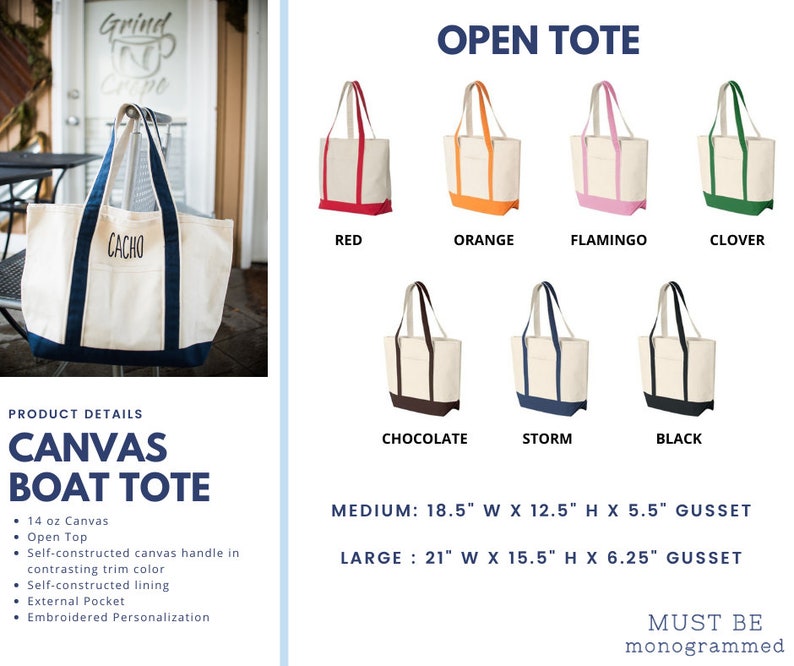 May include: A canvas boat tote with an open top, external pocket, and embroidered personalization. Available in red, orange, flamingo, clover, chocolate, storm, and black trim. Medium measures 18.5 inches wide by 12.5 inches high by 5.5 inches deep.