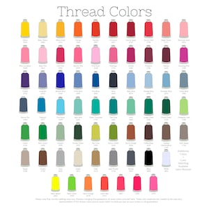 May include: A color chart titled Thread Colors displaying rows of embroidery thread spools in various shades including yellow, pink, blue, green, brown, and gray. Each spool is labeled with a color name and a four-digit numerical code.
