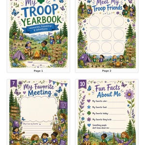 May include: A troop yearbook preview sheet featuring pages 1, 2, 7, and 10. The pages display illustrations of children in nature settings with text including My Troop Yearbook, Meet My Troop Friends, My Favorite Meeting, and Fun Facts About Me.