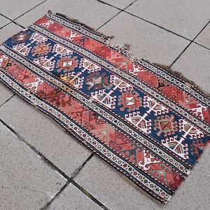 Masterpiece Rare Antique Shahsavan Soumak Panel Kilim Rug 3'2 x 1'6ft Caucasian Collector's Mafrash Panel Soumak Kilim Rug