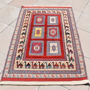 Wonderful Caucasian Sumac Kilim, 2&#39;8 x 4&#39;2 Feet Camel Border Sumak Weave Kilim Rug, Awesome Caucasian Kilim Rug,