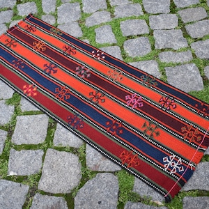 Vintage Caucasian Small Kilim Rug, 12'' x 32'' Caucasian Embroidered Shahsavan Cicim Kilim Rug, Home Decor Door Mat Kilim Rug,