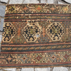 Marvelous Antique, 19'' X 17'' Caucasian Collector's Item Shahsavan Mafrash Panel Sumak Kilim Rug, Worn Antique Wall Hangings Kilim Rug,