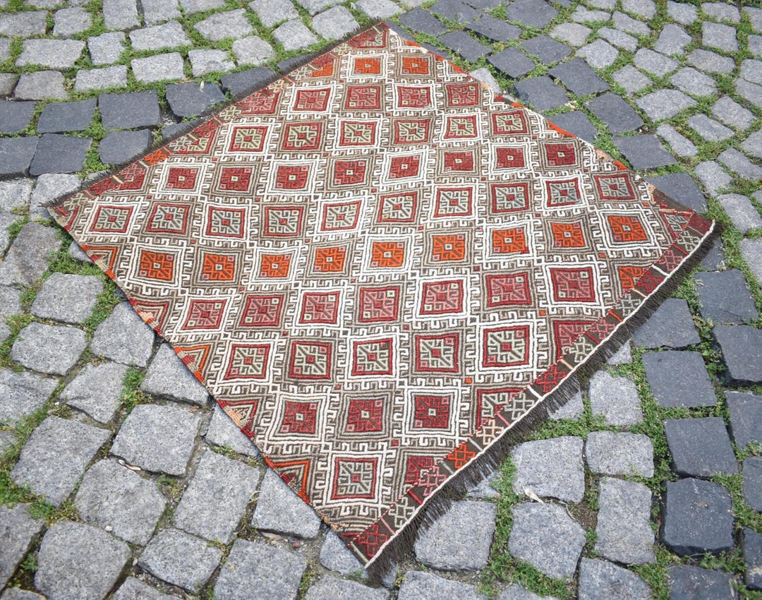 ヴィンテージトルコラグ、34インチ x 33インチ、アナトリアシヴリ