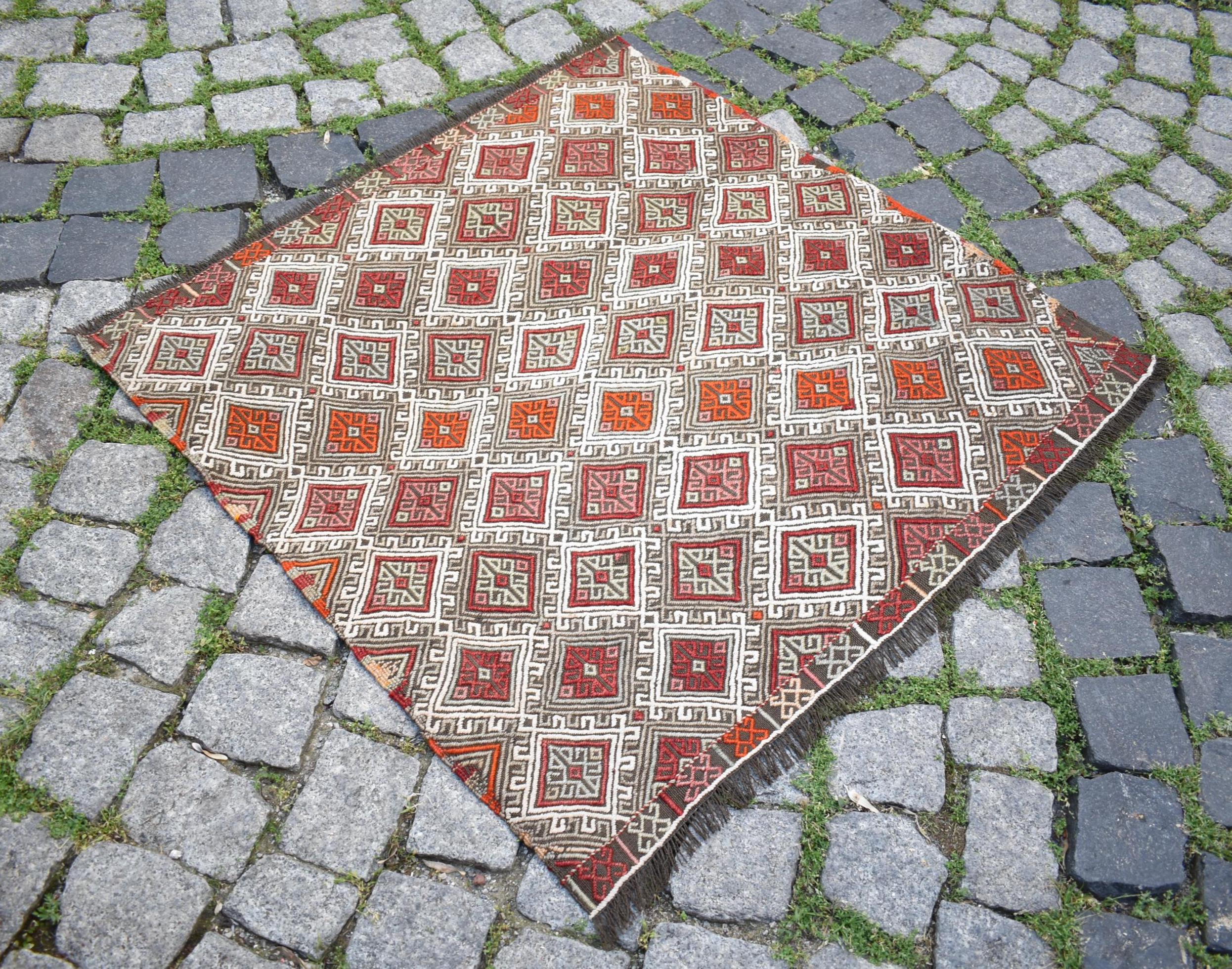 ヴィンテージ トルコウールラグ、手織りアナトリアキリム、34x33